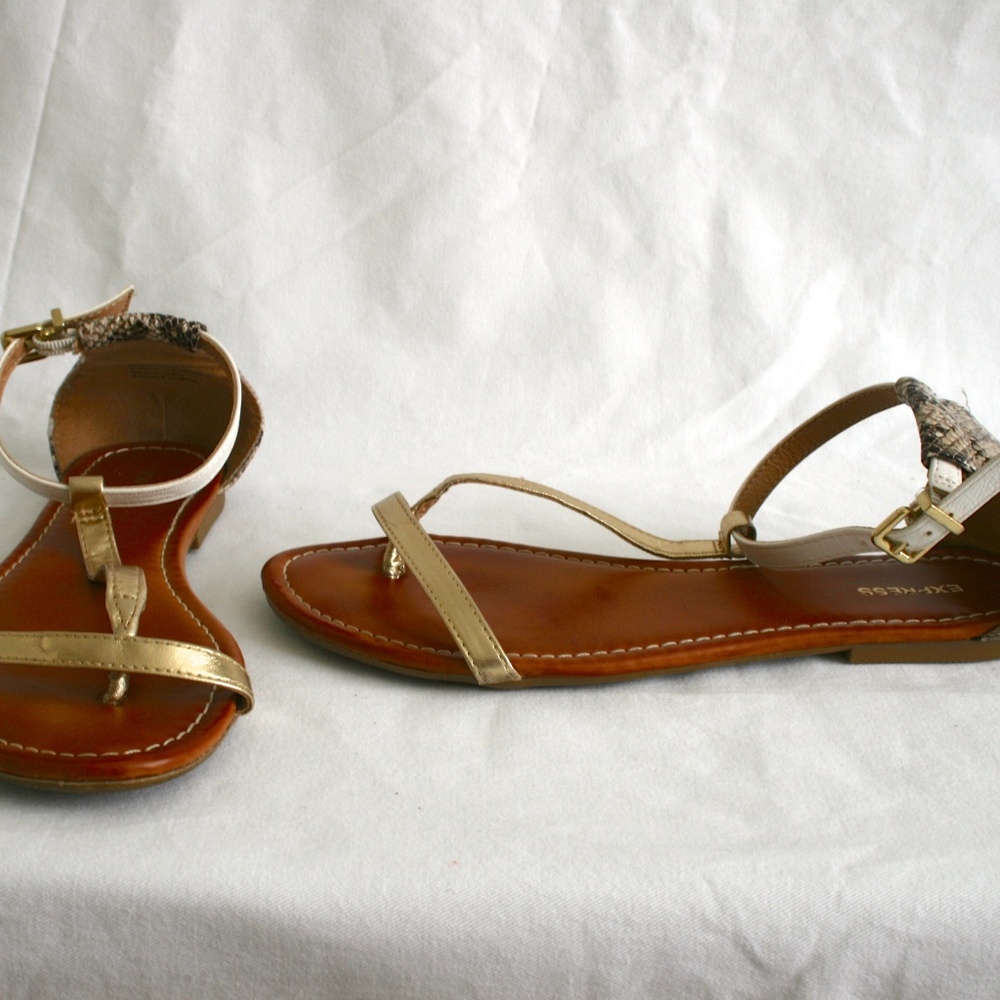 White, Gold and Snake Skin Express Sandals Size: 6